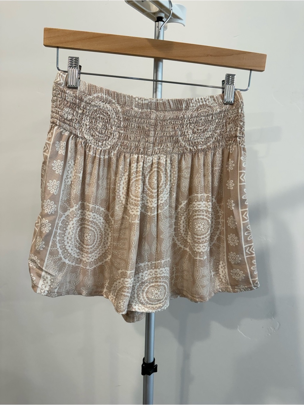 Beige Printed Smocked Waist Mini Shorts